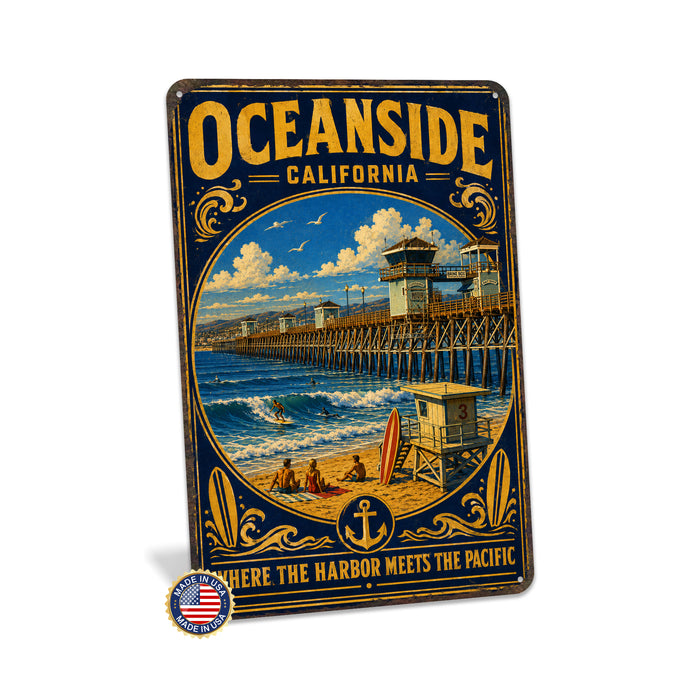 Oceanside California Pier metal sign with vintage weathered-tin travel poster illustration — Oceanside California Pier
