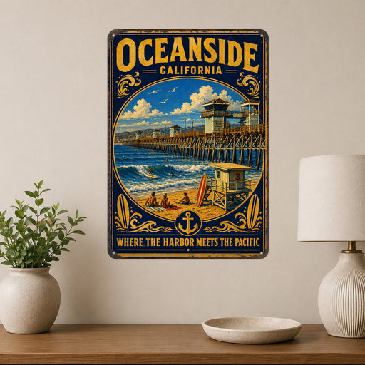 Oceanside California Pier metal sign with vintage weathered-tin travel poster illustration — Oceanside California Pier