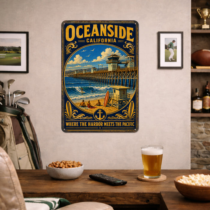 Oceanside California Pier metal sign with vintage weathered-tin travel poster illustration — Oceanside California Pier