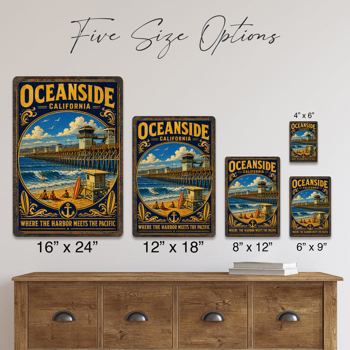 Oceanside California Pier metal sign with vintage weathered-tin travel poster illustration — Oceanside California Pier