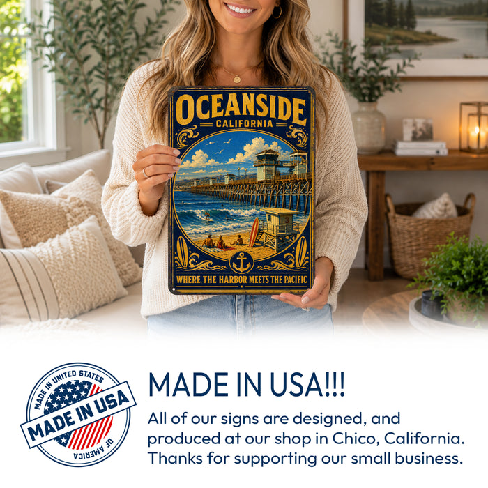 Oceanside California Pier metal sign with vintage weathered-tin travel poster illustration — Oceanside California Pier