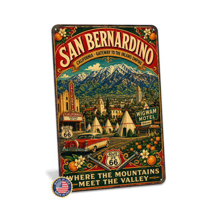 San Bernardino California Route 66 metal sign with vintage weathered-tin travel poster illustration — San Bernardino