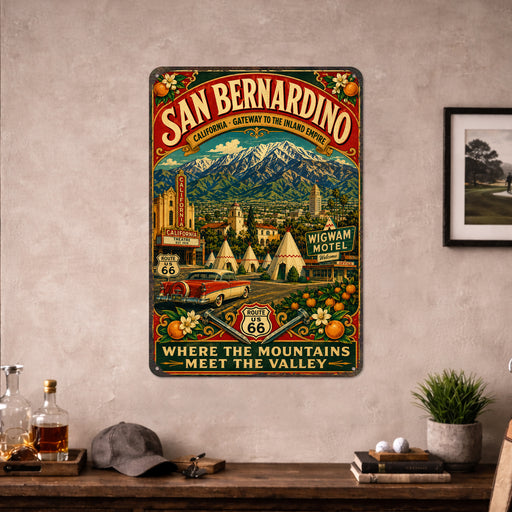 San Bernardino California Route 66 metal sign with vintage weathered-tin travel poster illustration — San Bernardino