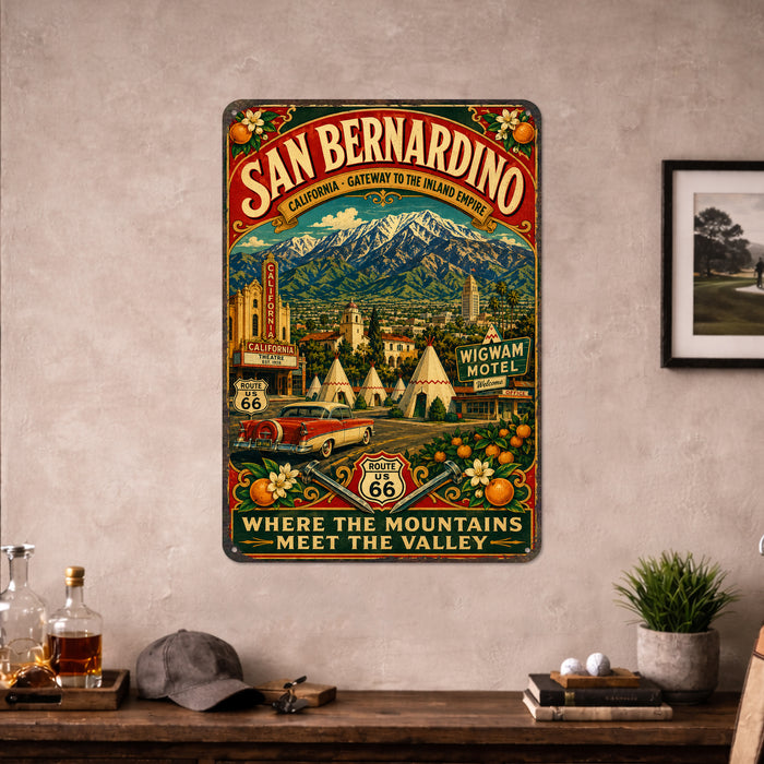 San Bernardino California Route 66 metal sign with vintage weathered-tin travel poster illustration — San Bernardino