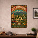San Bernardino California Route 66 metal sign with vintage weathered-tin travel poster illustration — San Bernardino