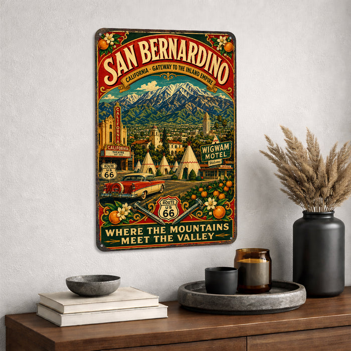 San Bernardino California Route 66 metal sign with vintage weathered-tin travel poster illustration — San Bernardino