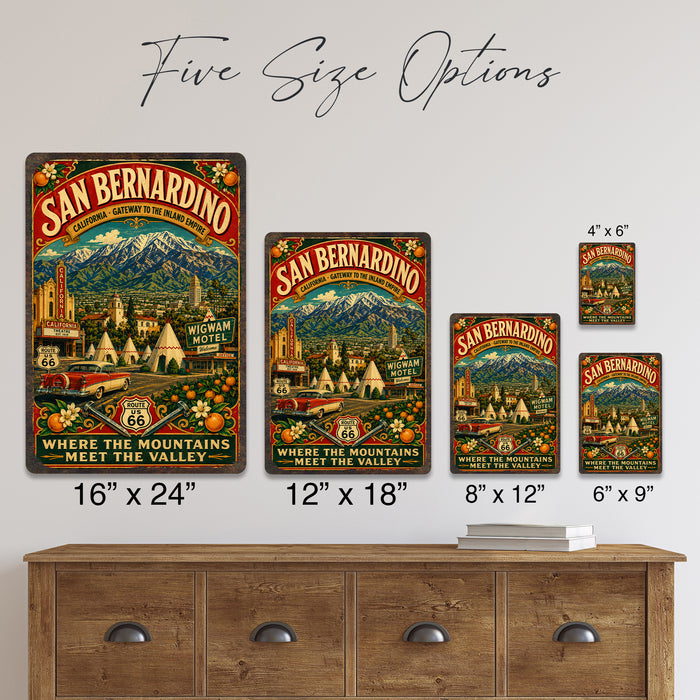 San Bernardino California Route 66 metal sign with vintage weathered-tin travel poster illustration — San Bernardino