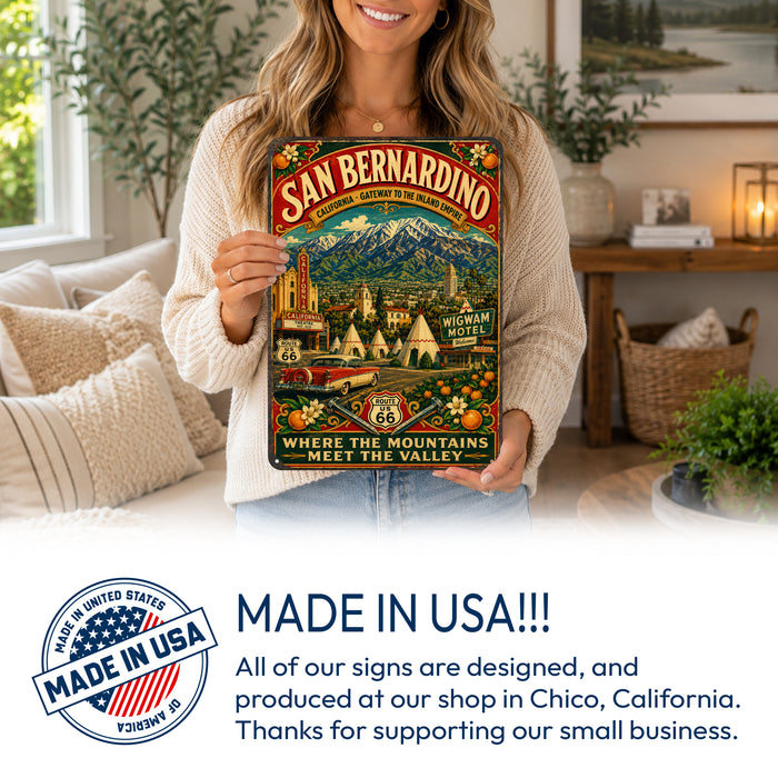 San Bernardino California Route 66 metal sign with vintage weathered-tin travel poster illustration — San Bernardino