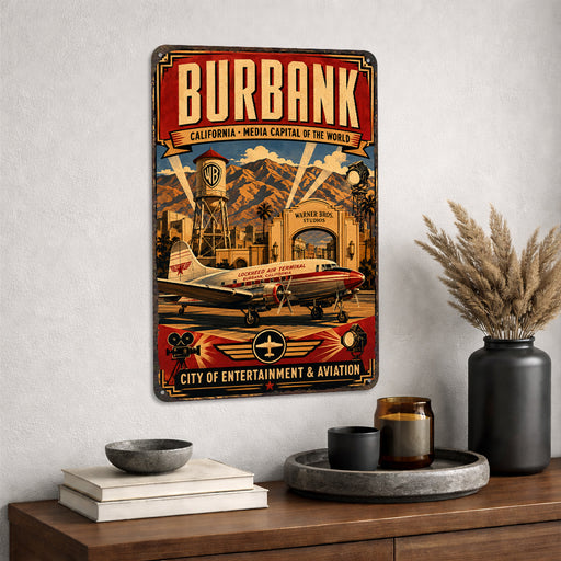 Burbank California Media Capital metal sign with vintage weathered-tin travel poster illustration — Burbank California Media