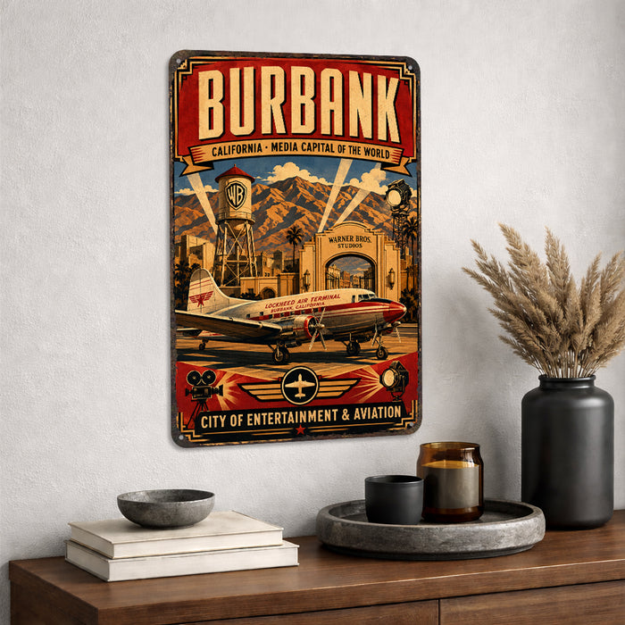 Burbank California Media Capital metal sign with vintage weathered-tin travel poster illustration — Burbank California Media