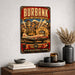 Burbank California Media Capital metal sign with vintage weathered-tin travel poster illustration — Burbank California Media