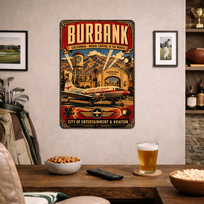 Burbank California Media Capital metal sign with vintage weathered-tin travel poster illustration — Burbank California Media