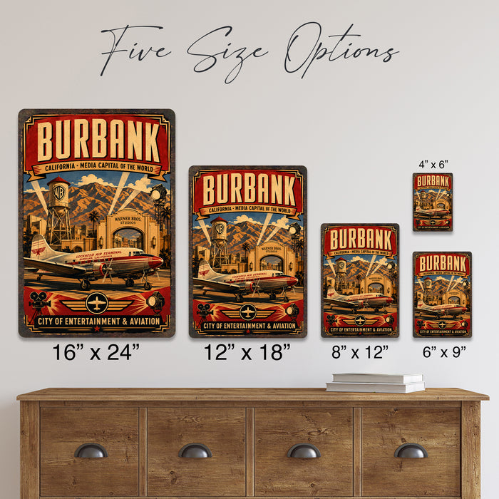 Burbank California Media Capital metal sign with vintage weathered-tin travel poster illustration — Burbank California Media