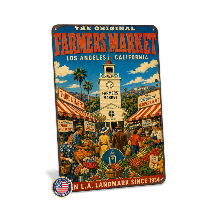 Original Farmers Market Los Angeles metal sign with vintage weathered-tin travel poster illustration — Original Farmers