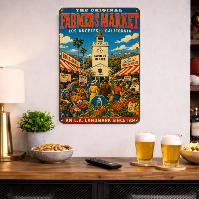 Original Farmers Market Los Angeles metal sign with vintage weathered-tin travel poster illustration — Original Farmers