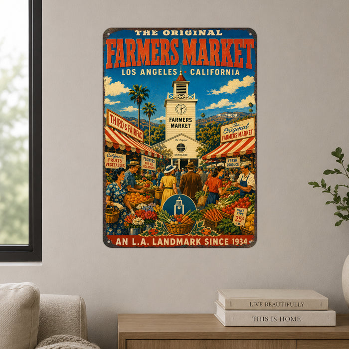 Original Farmers Market Los Angeles metal sign with vintage weathered-tin travel poster illustration — Original Farmers