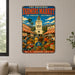 Original Farmers Market Los Angeles metal sign with vintage weathered-tin travel poster illustration — Original Farmers