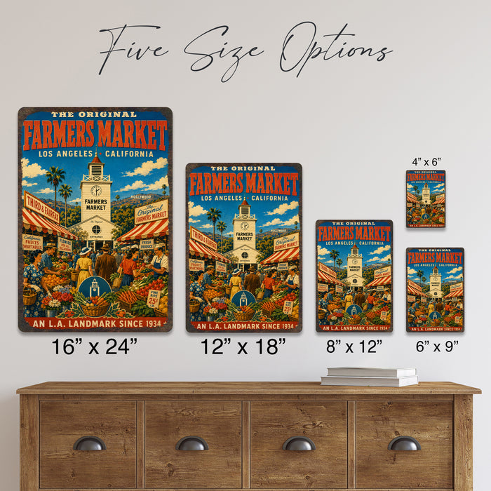 Original Farmers Market Los Angeles metal sign with vintage weathered-tin travel poster illustration — Original Farmers