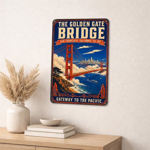 The Golden Gate Bridge San Francisco metal sign with vintage weathered-tin travel poster illustration — The Golden Gate