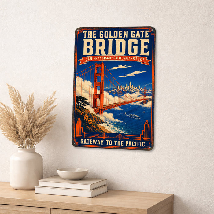 The Golden Gate Bridge San Francisco metal sign with vintage weathered-tin travel poster illustration — The Golden Gate