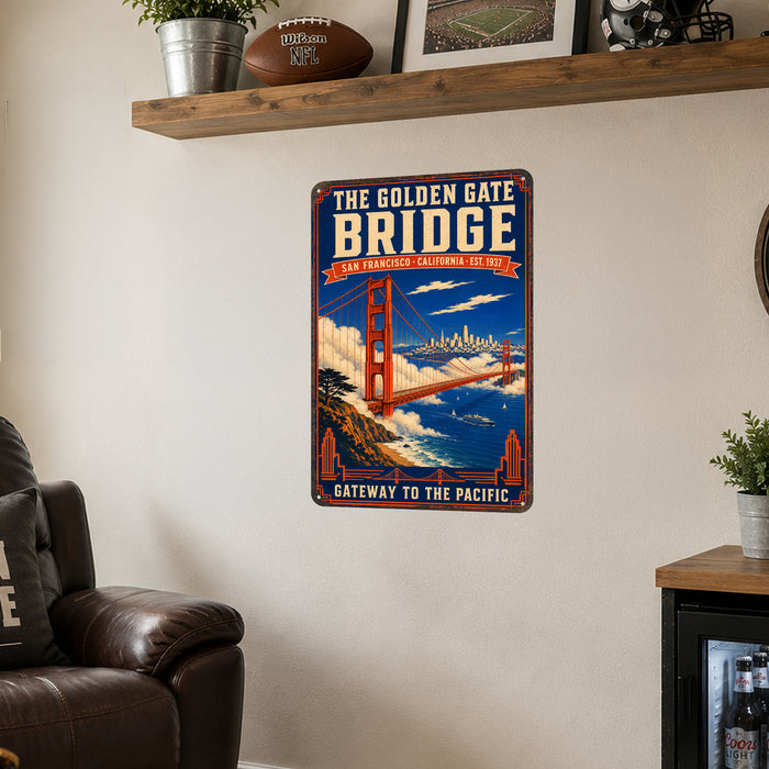 The Golden Gate Bridge San Francisco metal sign with vintage weathered-tin travel poster illustration — The Golden Gate