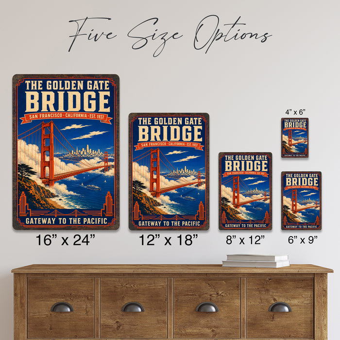 The Golden Gate Bridge San Francisco metal sign with vintage weathered-tin travel poster illustration — The Golden Gate