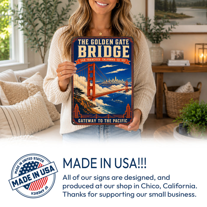 The Golden Gate Bridge San Francisco metal sign with vintage weathered-tin travel poster illustration — The Golden Gate