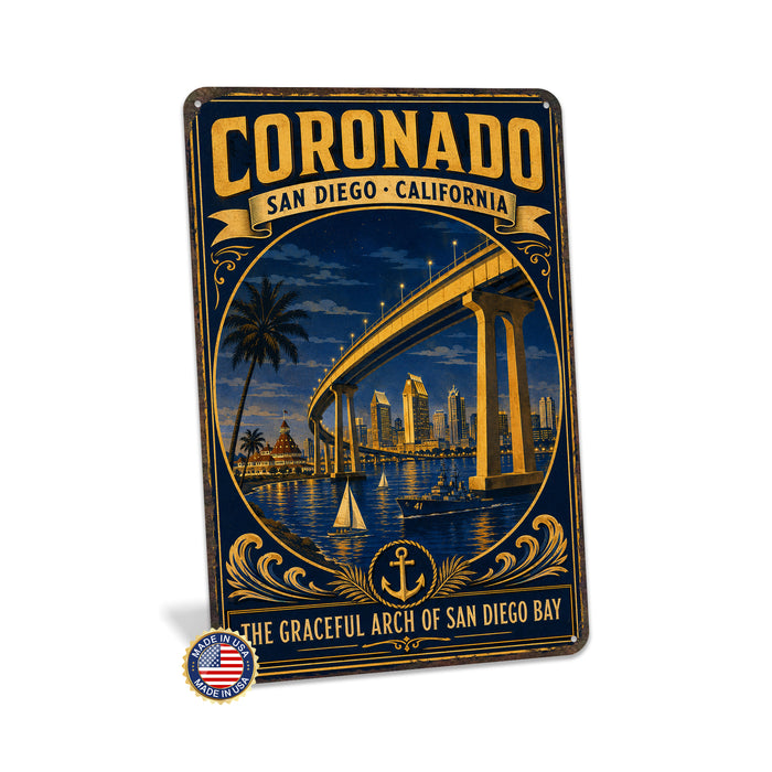 Coronado San Diego California Bay Bridge metal sign with vintage weathered-tin travel poster illustration — Coronado San