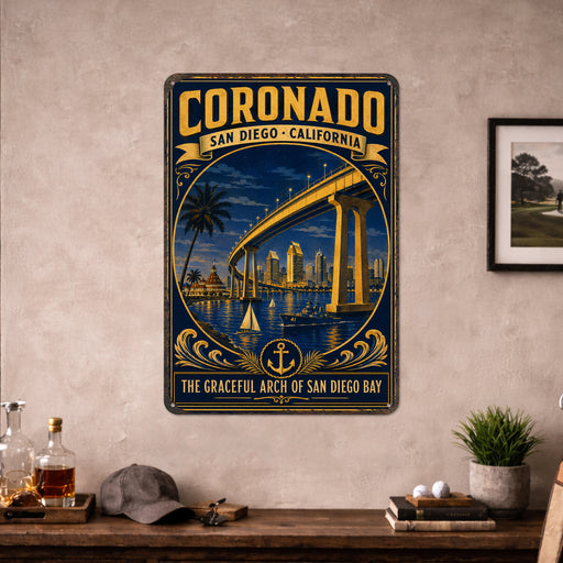 Coronado San Diego California Bay Bridge metal sign with vintage weathered-tin travel poster illustration — Coronado San