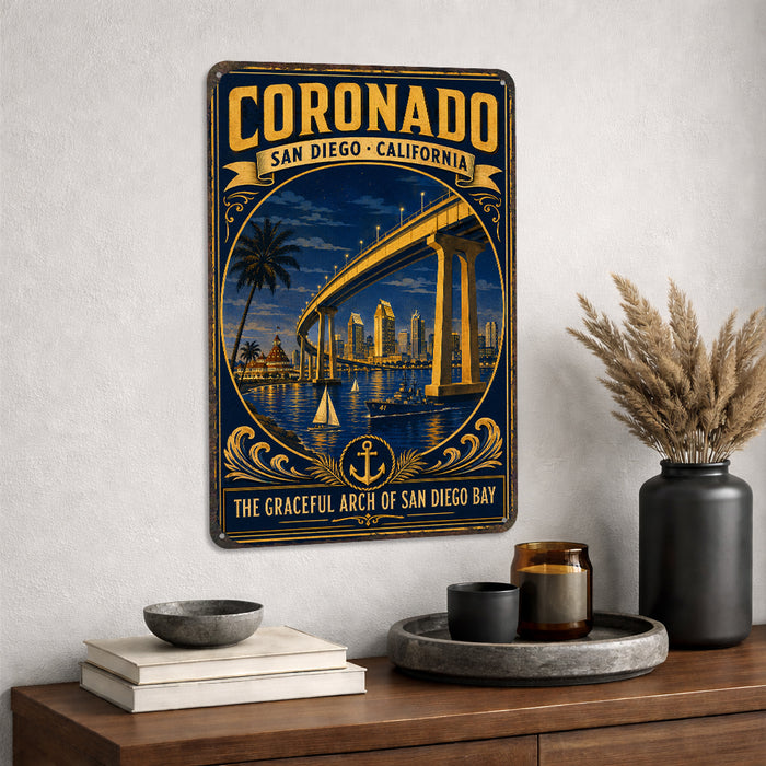 Coronado San Diego California Bay Bridge metal sign with vintage weathered-tin travel poster illustration — Coronado San