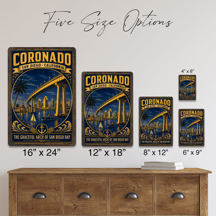 Coronado San Diego California Bay Bridge metal sign with vintage weathered-tin travel poster illustration — Coronado San