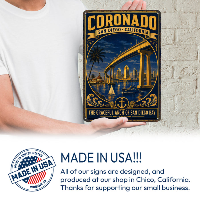 Coronado San Diego California Bay Bridge metal sign with vintage weathered-tin travel poster illustration — Coronado San