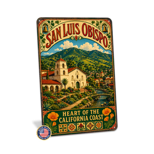 San Luis Obispo California Mission metal sign with vintage weathered-tin travel poster illustration — San Luis Obispo
