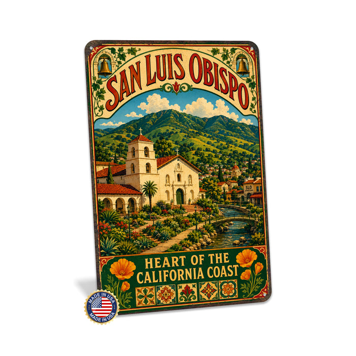 San Luis Obispo California Mission metal sign with vintage weathered-tin travel poster illustration — San Luis Obispo