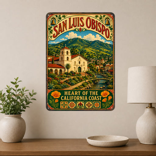 San Luis Obispo California Mission metal sign with vintage weathered-tin travel poster illustration — San Luis Obispo