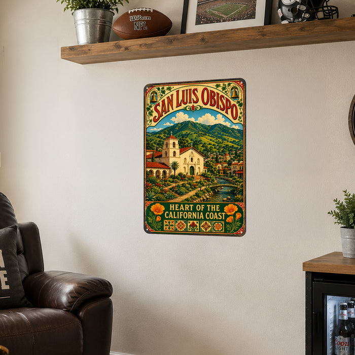 San Luis Obispo California Mission metal sign with vintage weathered-tin travel poster illustration — San Luis Obispo