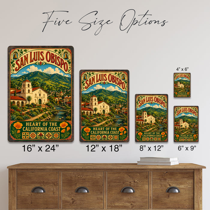 San Luis Obispo California Mission metal sign with vintage weathered-tin travel poster illustration — San Luis Obispo