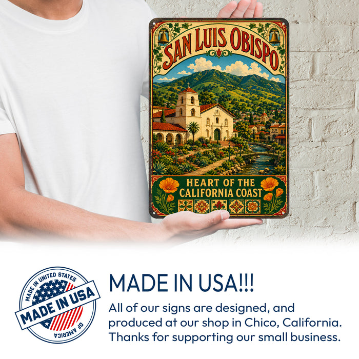 San Luis Obispo California Mission metal sign with vintage weathered-tin travel poster illustration — San Luis Obispo