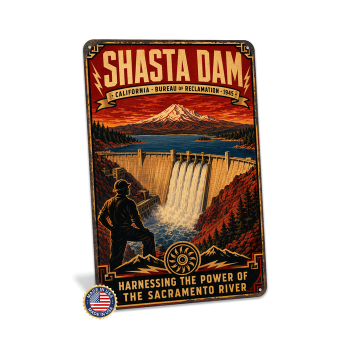 Shasta Dam California Sacramento River metal sign with vintage weathered-tin travel poster illustration — Shasta Dam