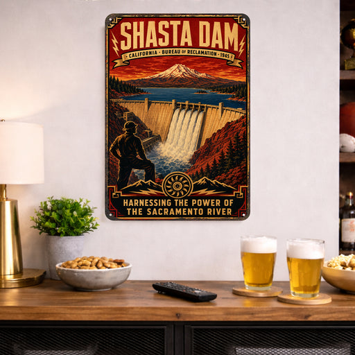 Shasta Dam California Sacramento River metal sign with vintage weathered-tin travel poster illustration — Shasta Dam