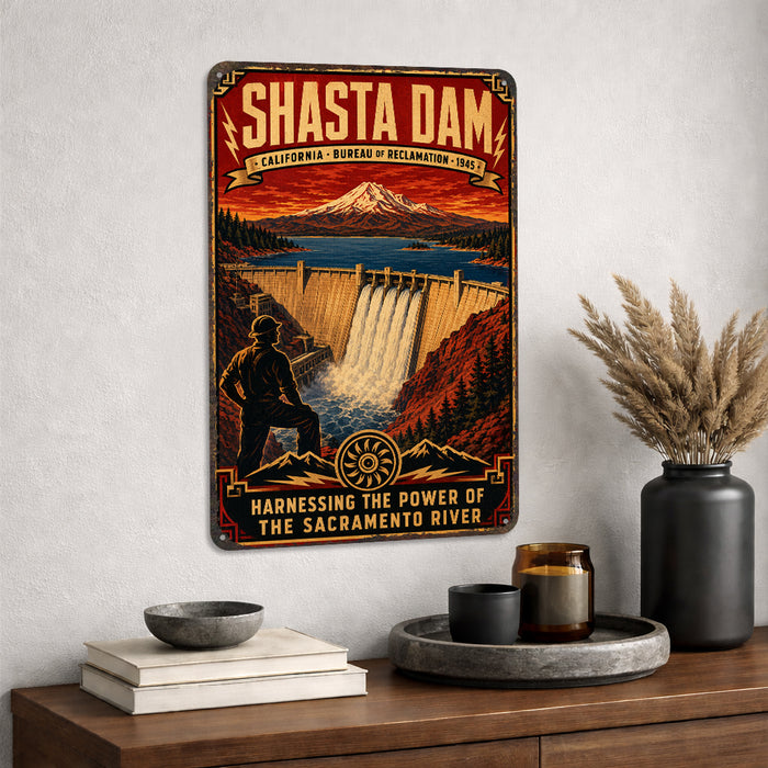 Shasta Dam California Sacramento River metal sign with vintage weathered-tin travel poster illustration — Shasta Dam