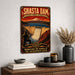 Shasta Dam California Sacramento River metal sign with vintage weathered-tin travel poster illustration — Shasta Dam