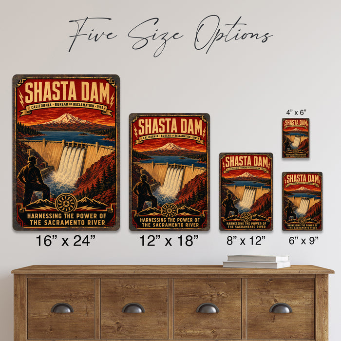 Shasta Dam California Sacramento River metal sign with vintage weathered-tin travel poster illustration — Shasta Dam