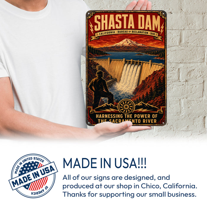 Shasta Dam California Sacramento River metal sign with vintage weathered-tin travel poster illustration — Shasta Dam