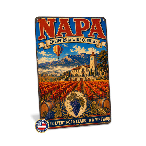 Napa California Wine Country metal sign with vintage weathered-tin travel poster illustration — Napa California Wine Country
