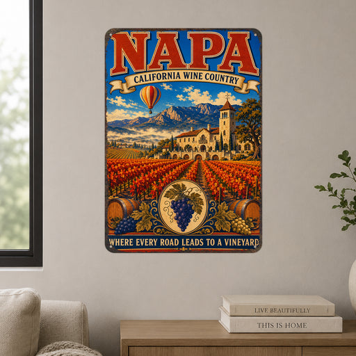 Napa California Wine Country metal sign with vintage weathered-tin travel poster illustration — Napa California Wine Country
