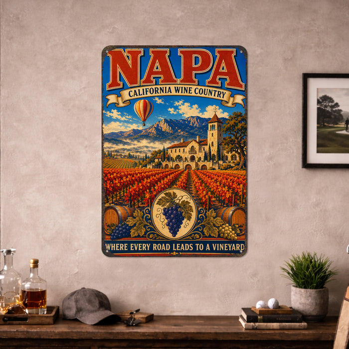 Napa California Wine Country metal sign with vintage weathered-tin travel poster illustration — Napa California Wine Country