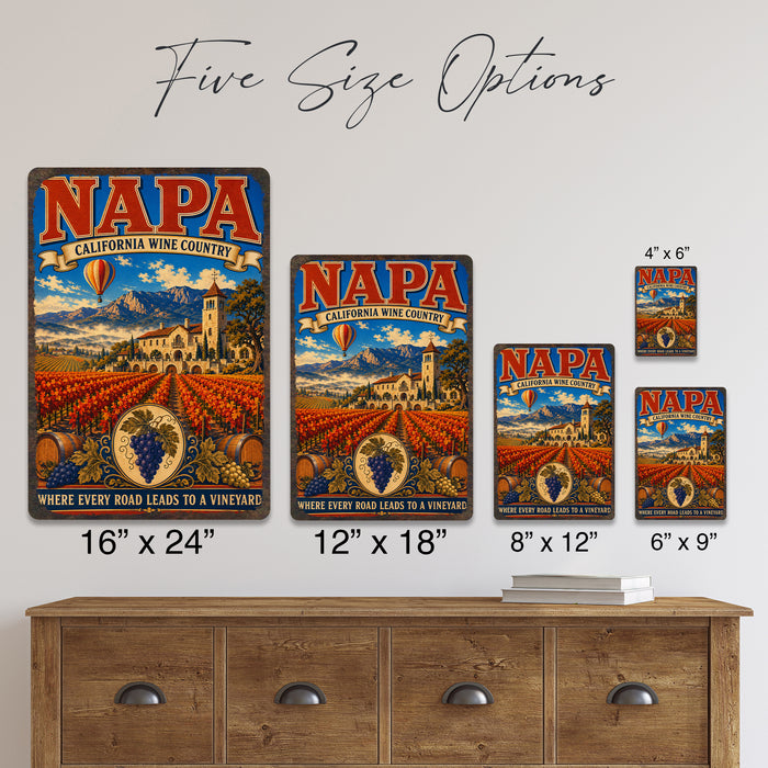 Napa California Wine Country metal sign with vintage weathered-tin travel poster illustration — Napa California Wine Country