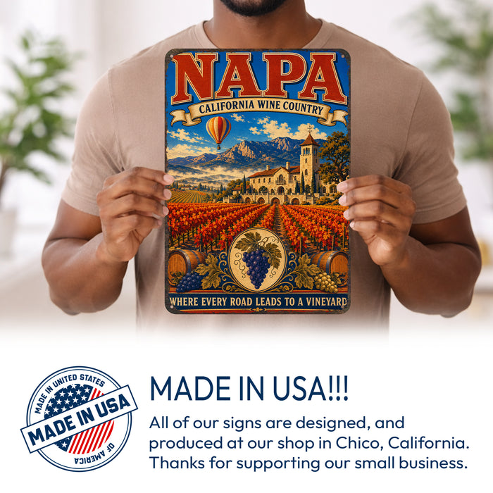 Napa California Wine Country metal sign with vintage weathered-tin travel poster illustration — Napa California Wine Country