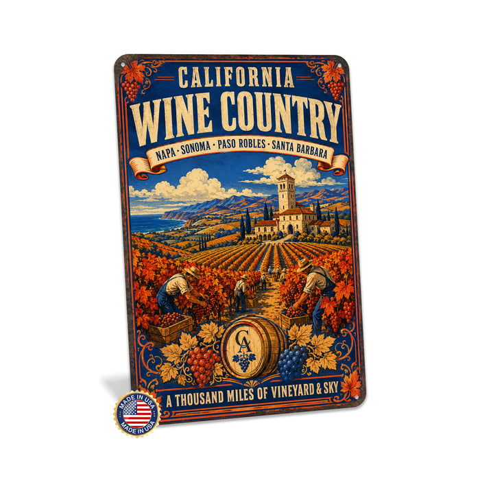 California Wine Country Napa Sonoma Paso Robles metal sign with vintage weathered-tin travel poster illustration —